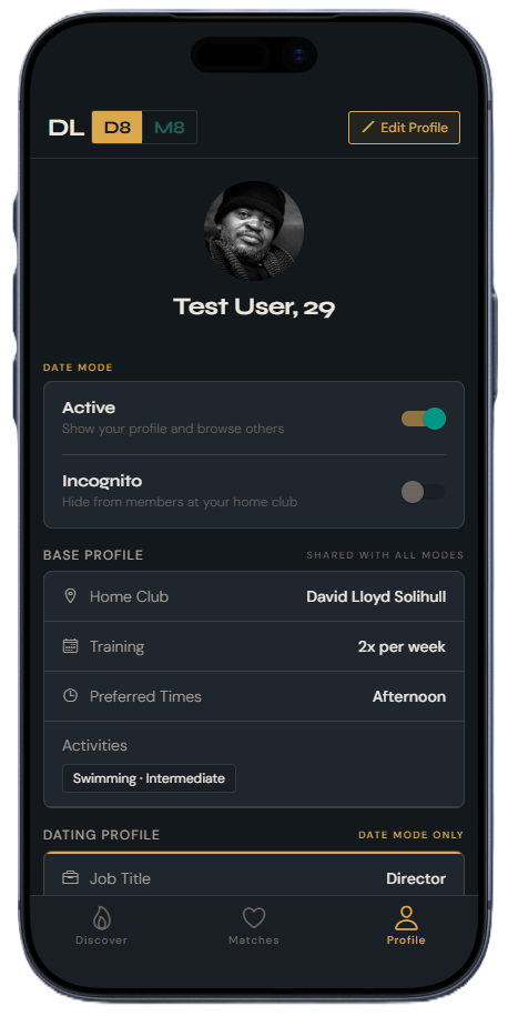 DLD8 Date mode profile screen showing active status and incognito mode