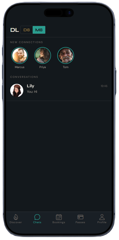 DLD8 Mate mode chats screen