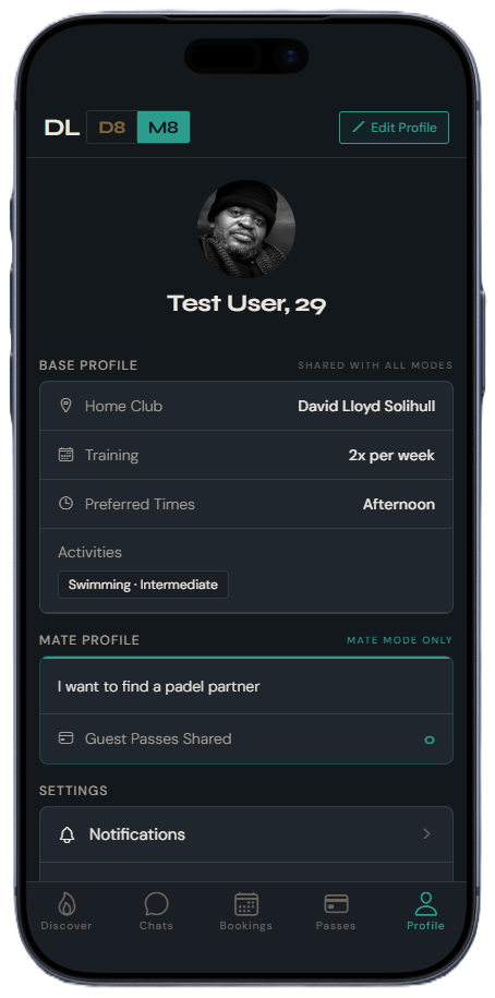 DLD8 Mate mode profile screen